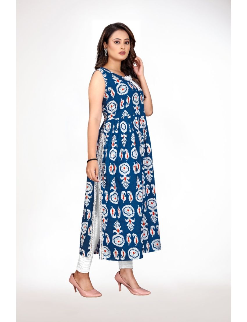 Blue Nyra Cut Pleated Sleeveless Straight Kurti