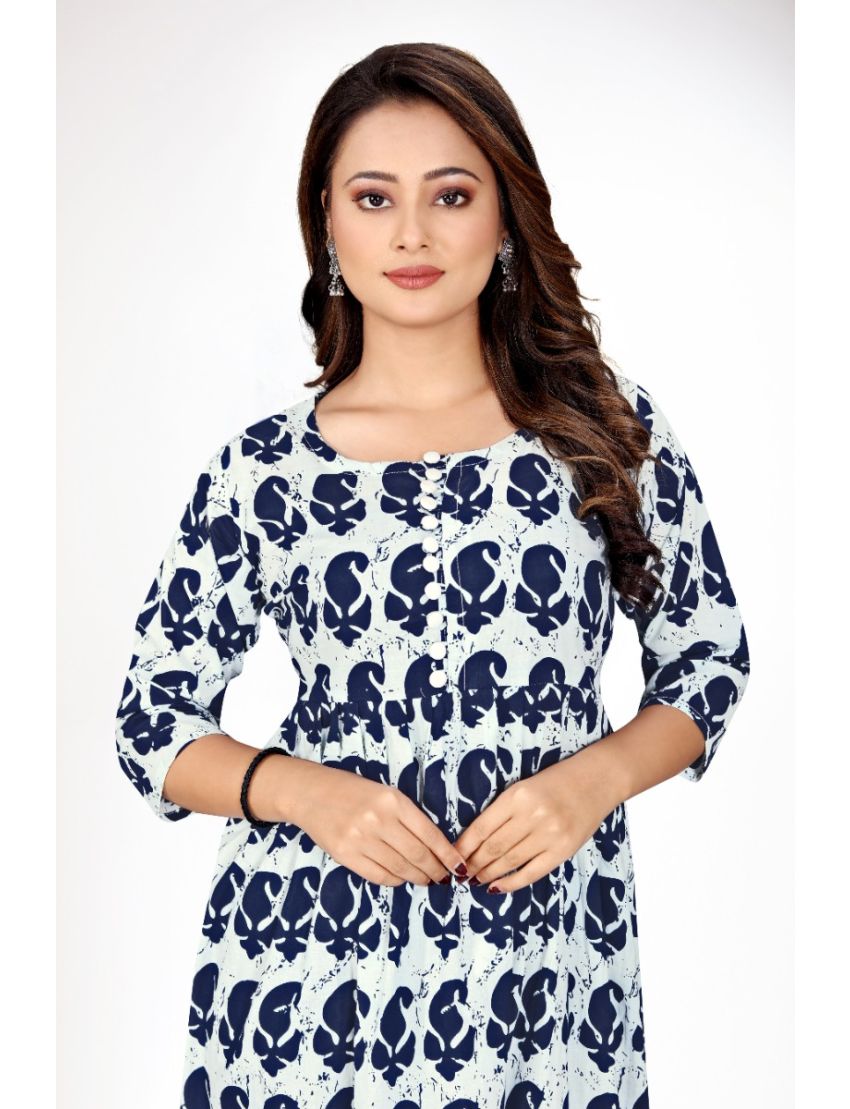 White & Blue Anarkali Round Neck Kurti