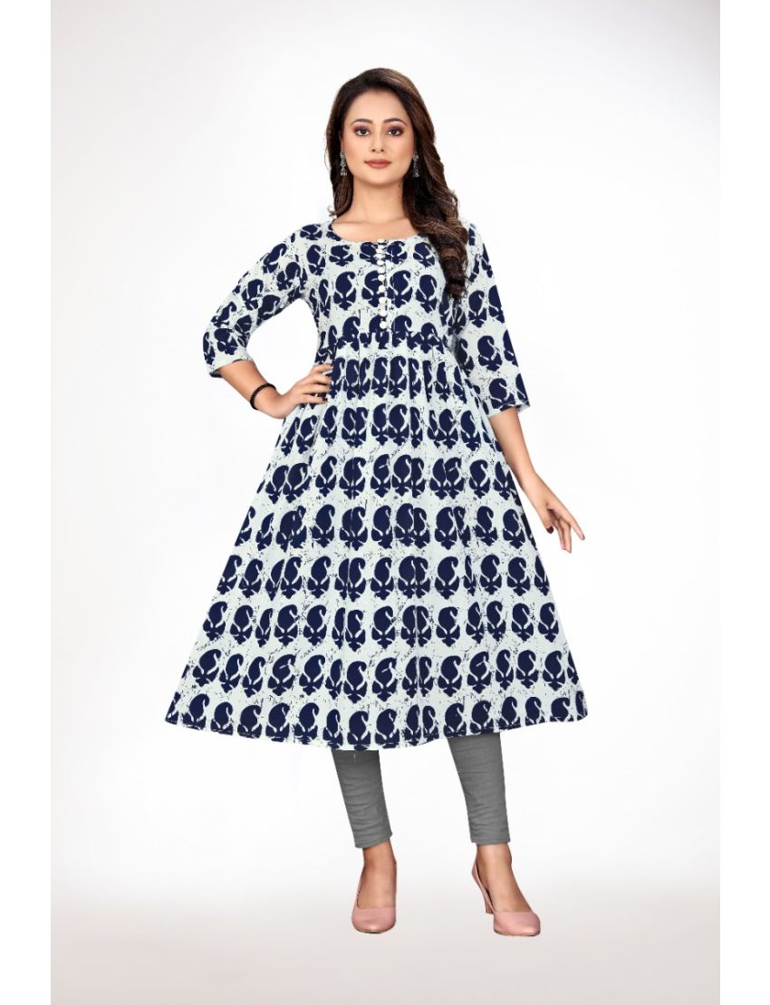 White & Blue Anarkali Round Neck Kurti