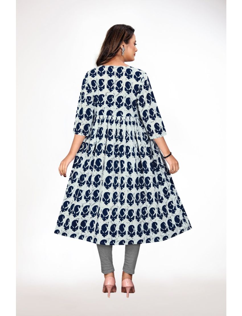 White & Blue Anarkali Round Neck Kurti