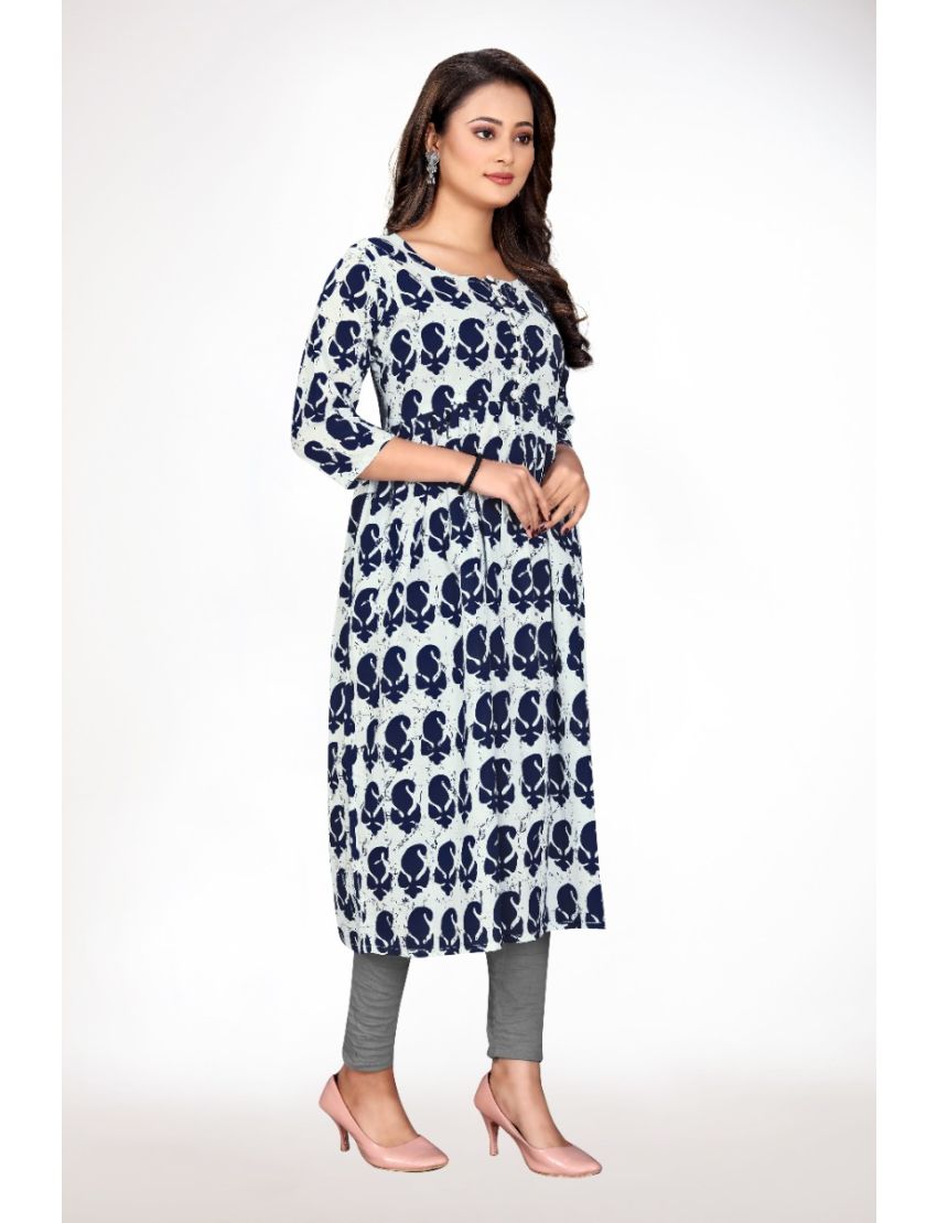 White & Blue Anarkali Round Neck Kurti