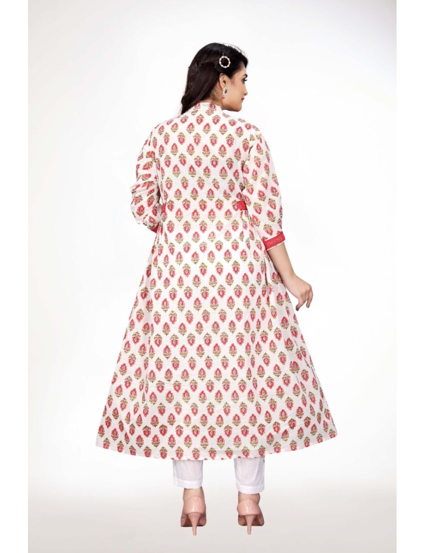 White  Anarkali With Stand Collar Kurti Pant