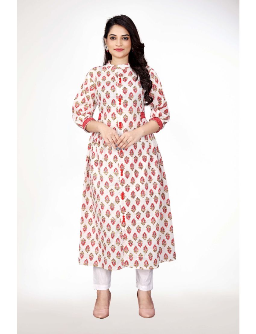 White  Anarkali With Stand Collar Kurti Pant
