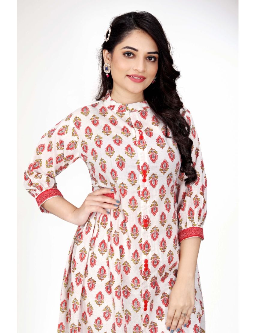 White  Anarkali With Stand Collar Kurti Pant