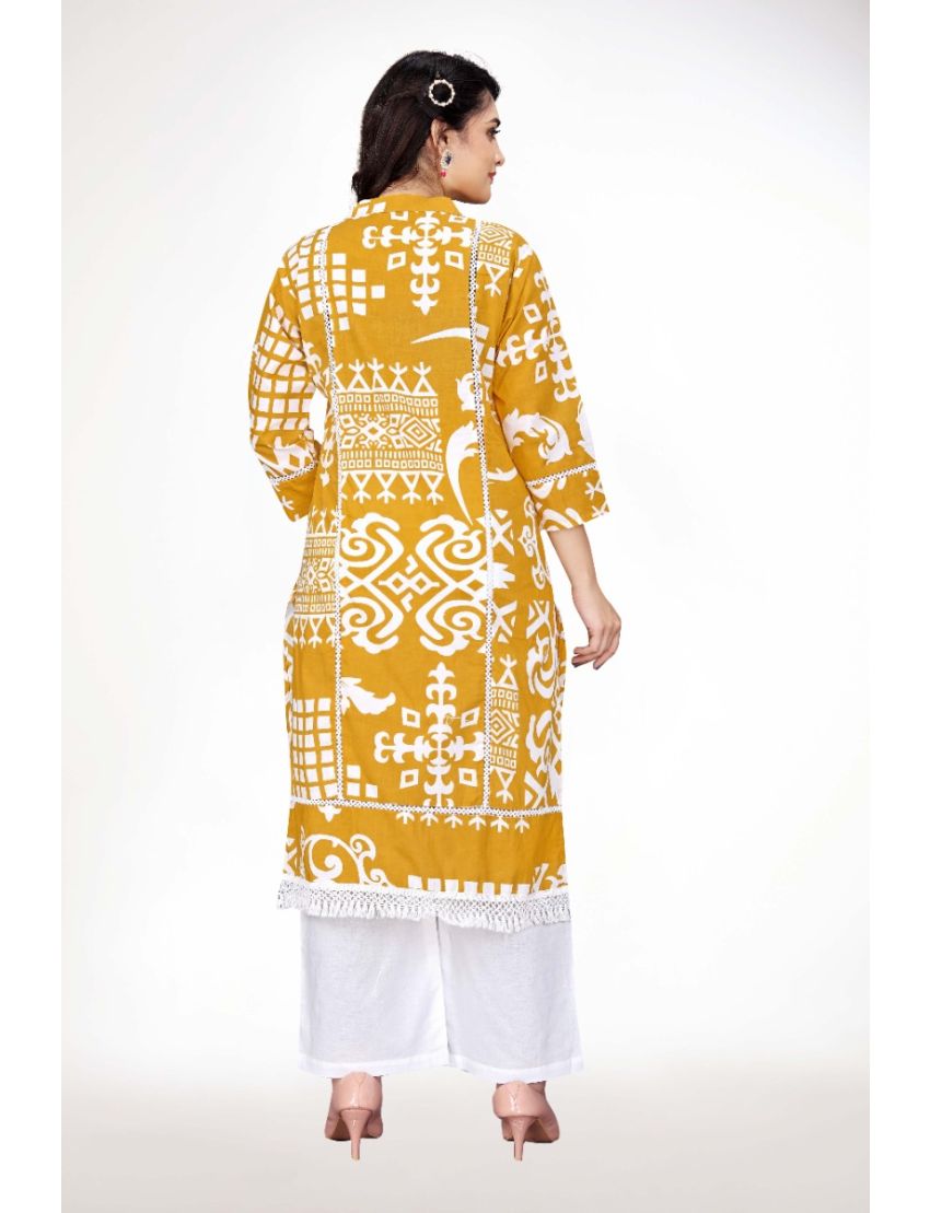 Yellow Straight Cut With Stand Collar Kurti Plazo
