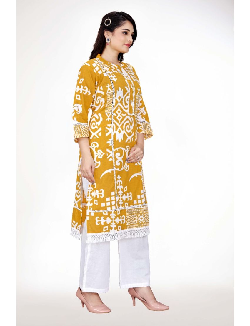 Yellow Straight Cut With Stand Collar Kurti Plazo