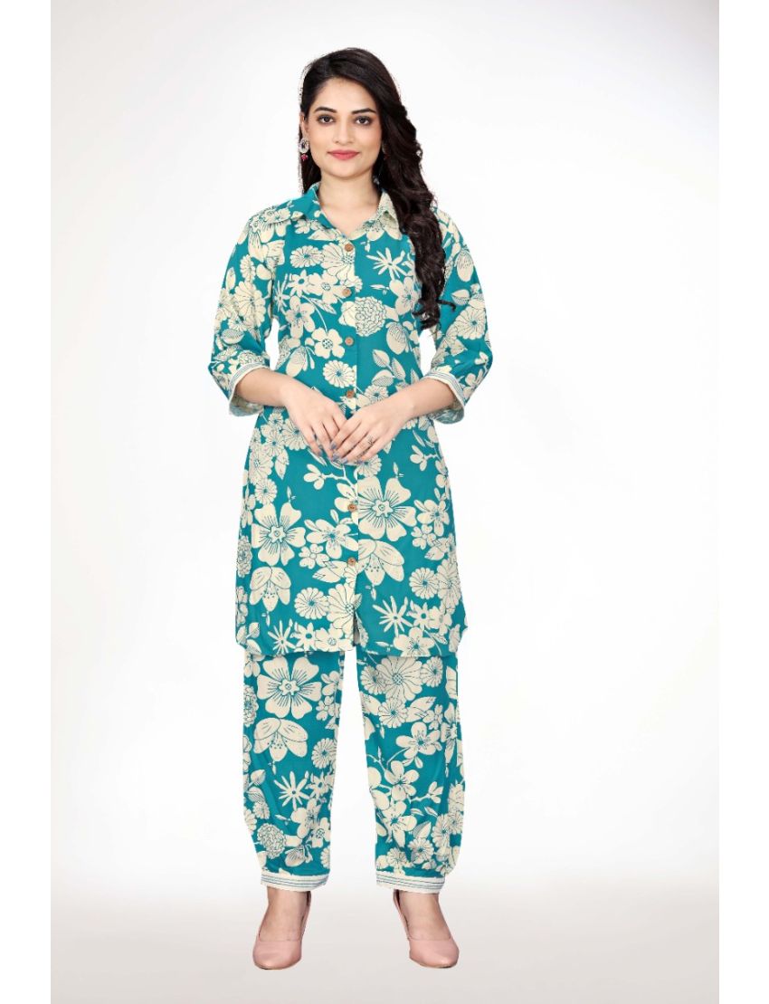 Teal Straight Cut With Shirt Collar Cordset