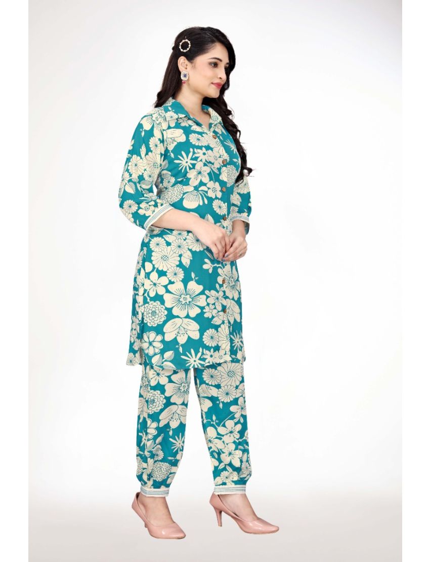 Teal Straight Cut With Shirt Collar Cordset