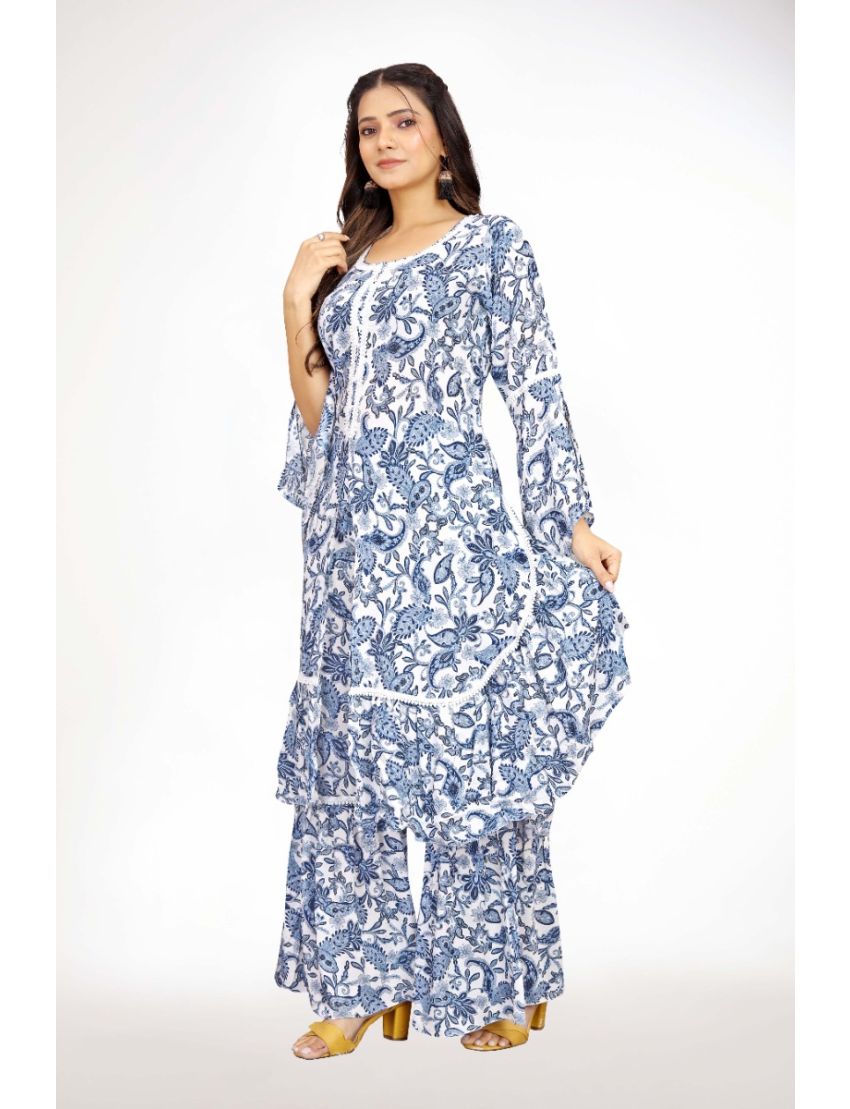 Blue Bell Sleeve With Round Neck Kurti Plazo