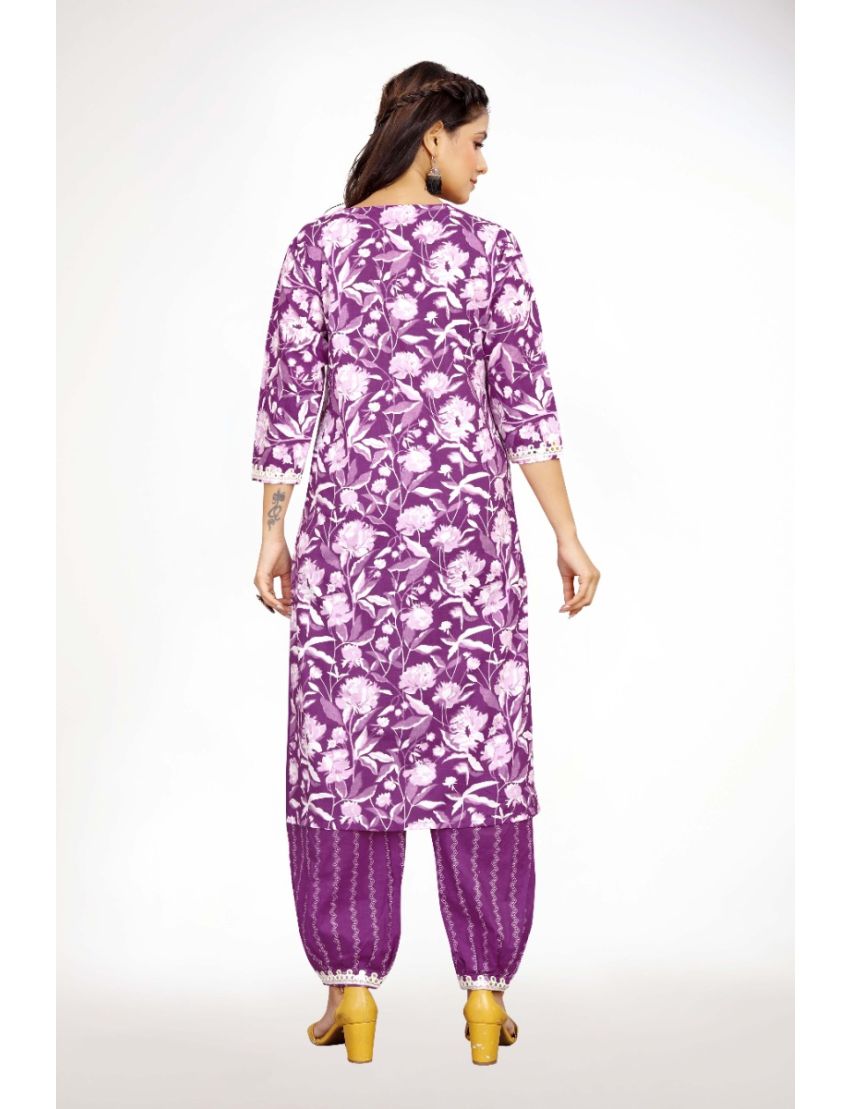 Purple jaipur cotton straight cut v-neck kurti pant