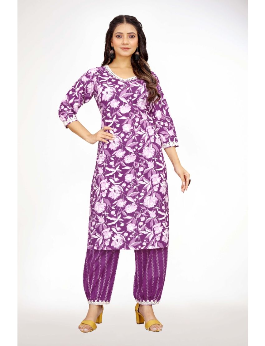 Purple jaipur cotton straight cut v-neck kurti pant