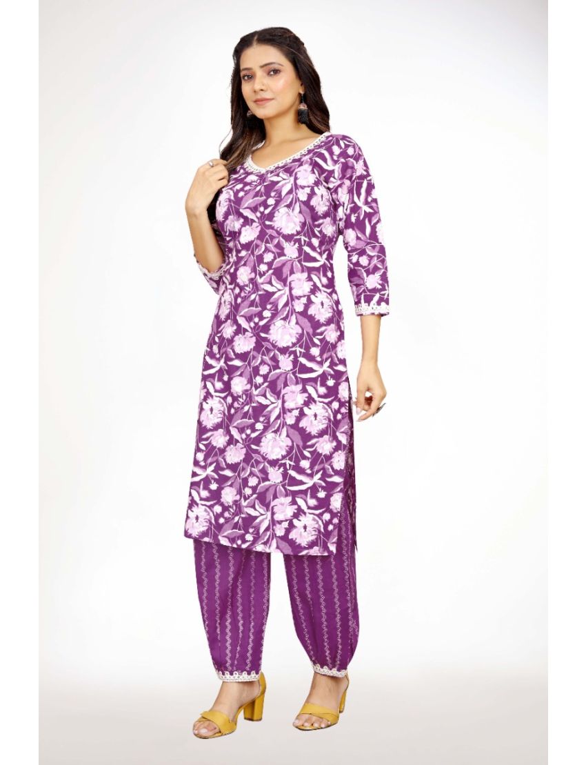 Purple jaipur cotton straight cut v-neck kurti pant