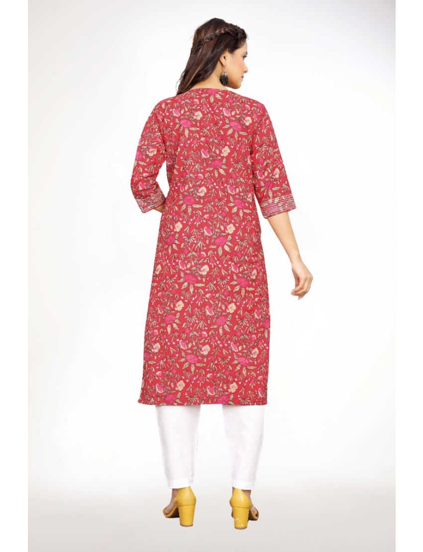 Red jaipur cotton straight cut with yoke & dori kurti pant
