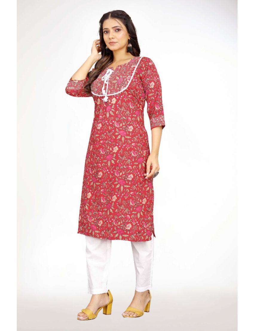 Red jaipur cotton straight cut with yoke & dori kurti pant