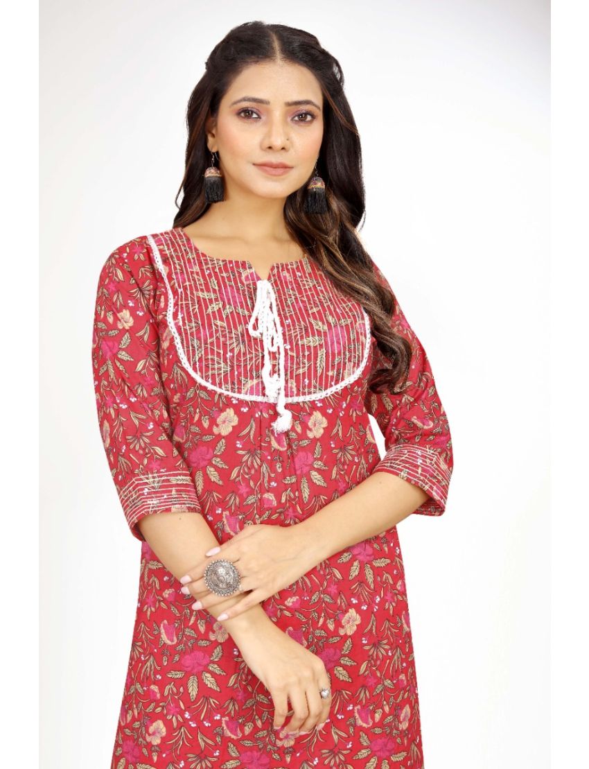 Red jaipur cotton straight cut with yoke & dori kurti pant