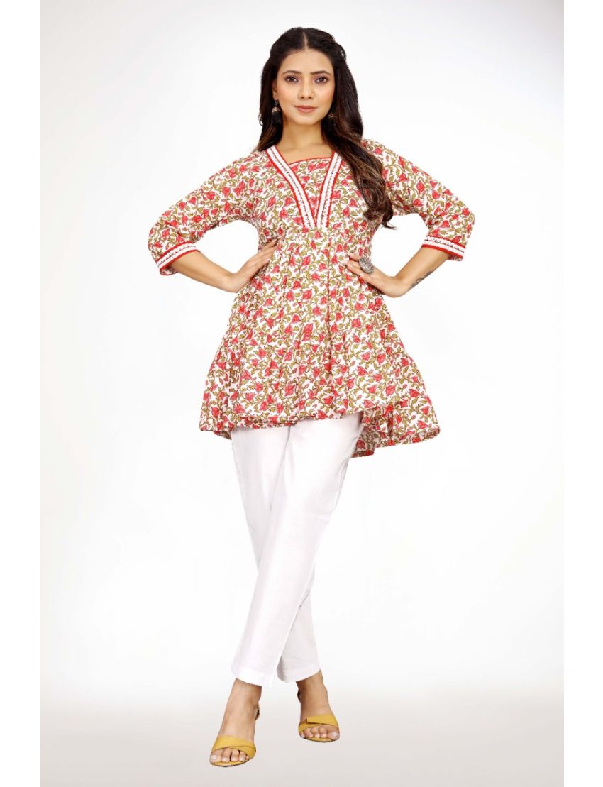 Red jaipur cotton straight short top with sqaure neckline