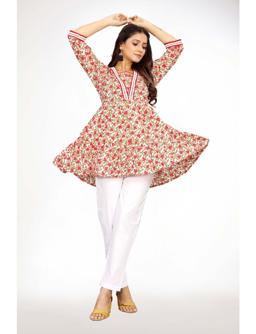 Red jaipur cotton straight short top with sqaure neckline