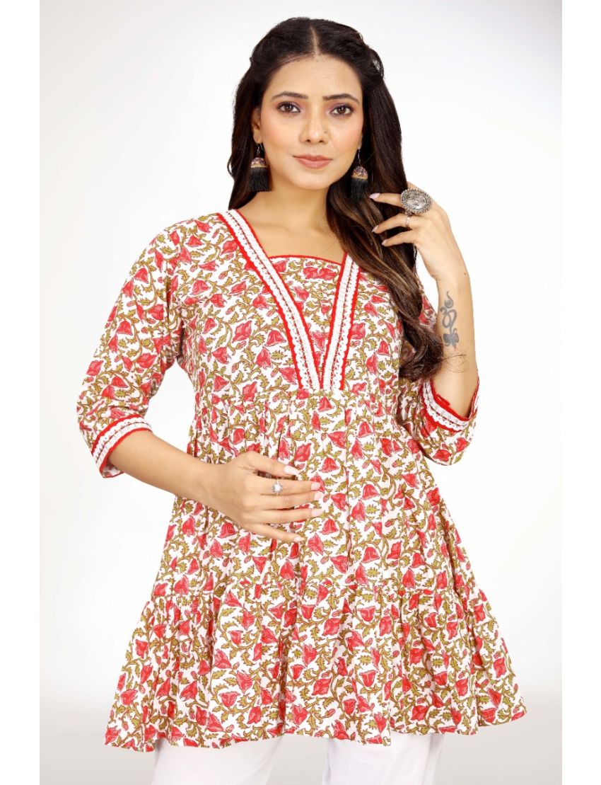 Red jaipur cotton straight short top with sqaure neckline