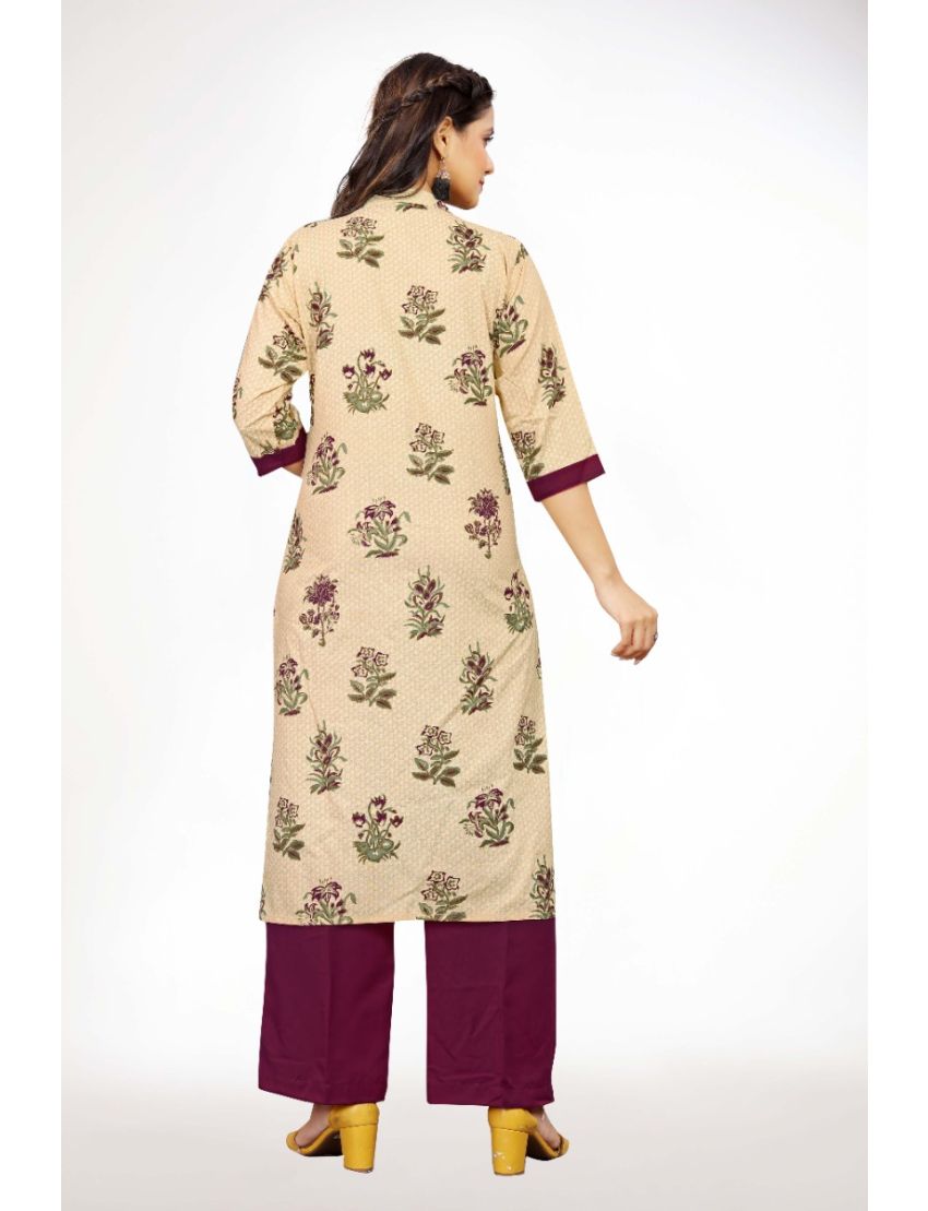 Cream rayon straight with stand collar kurti pant