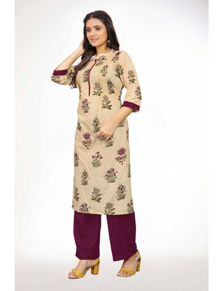 Cream rayon straight with stand collar kurti pant