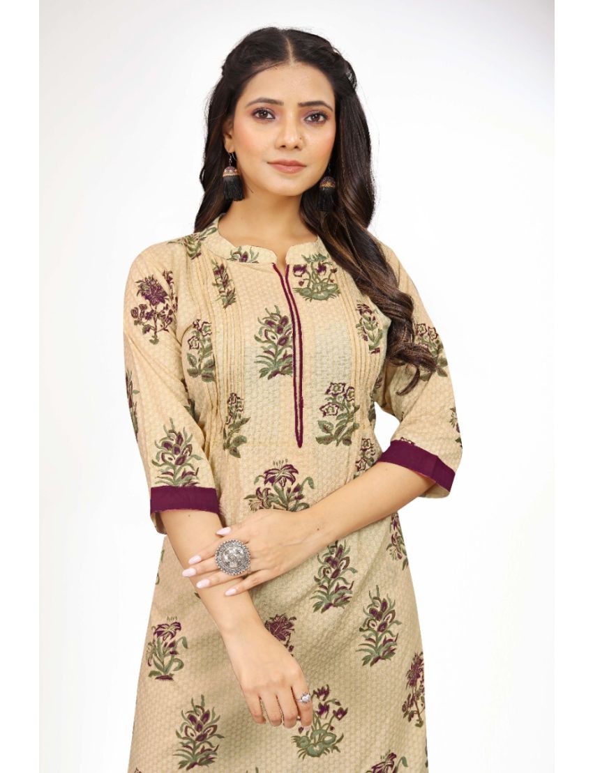 Cream rayon straight with stand collar kurti pant