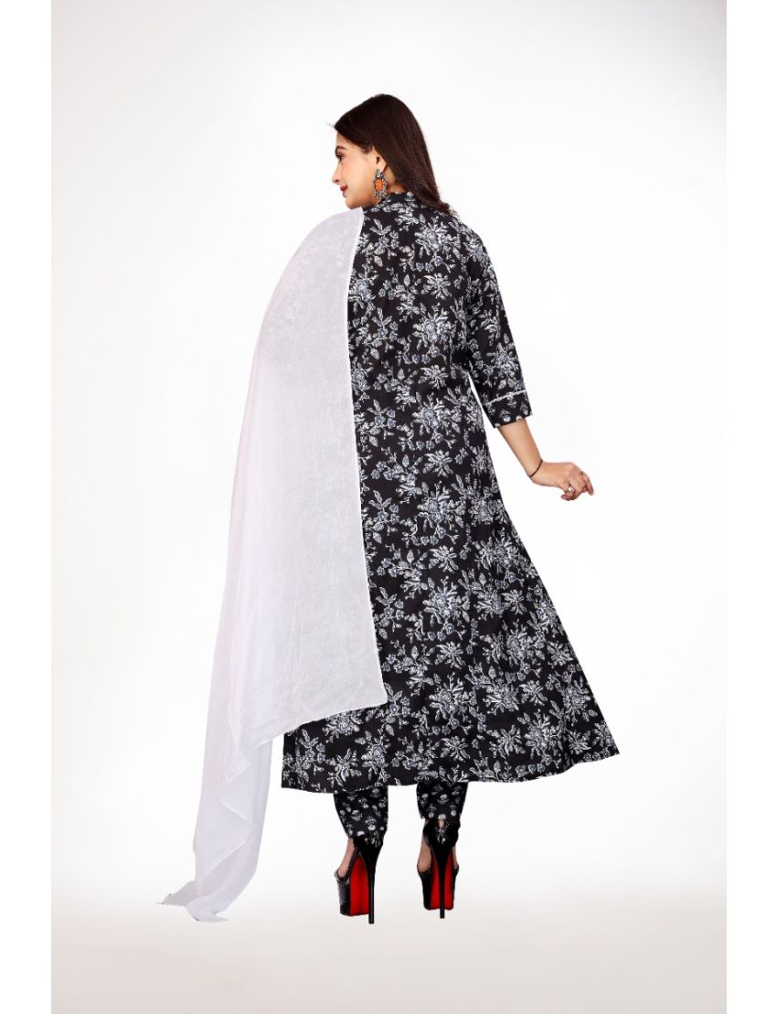 Black jaipur cotton anarkali kurti pant with dupatta