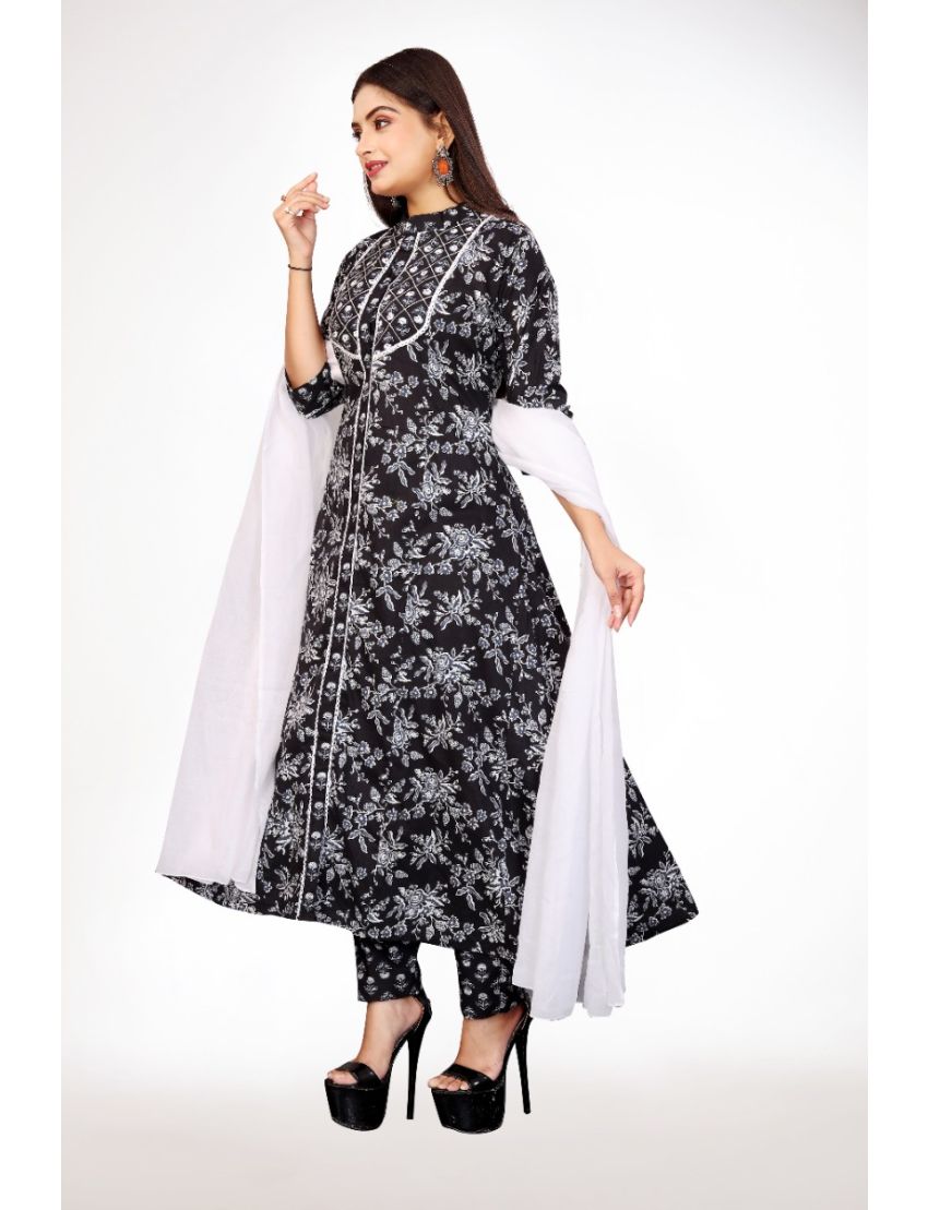 Black jaipur cotton anarkali kurti pant with dupatta