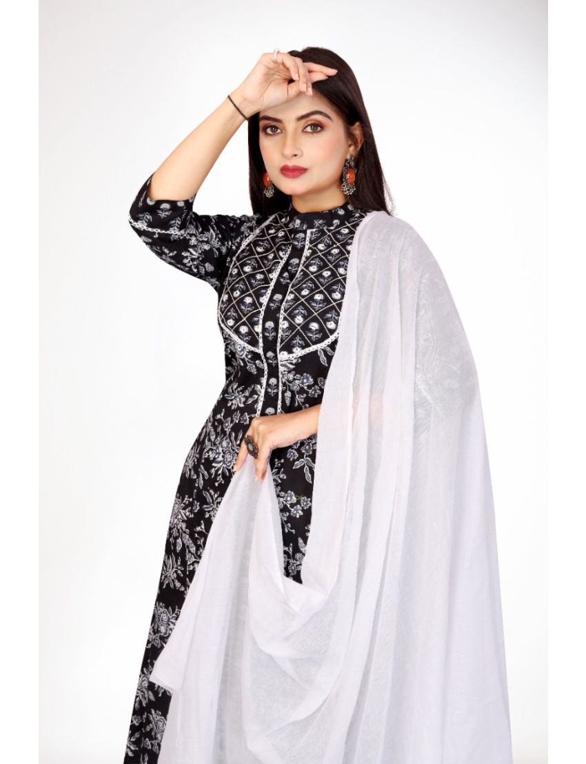 Black jaipur cotton anarkali kurti pant with dupatta