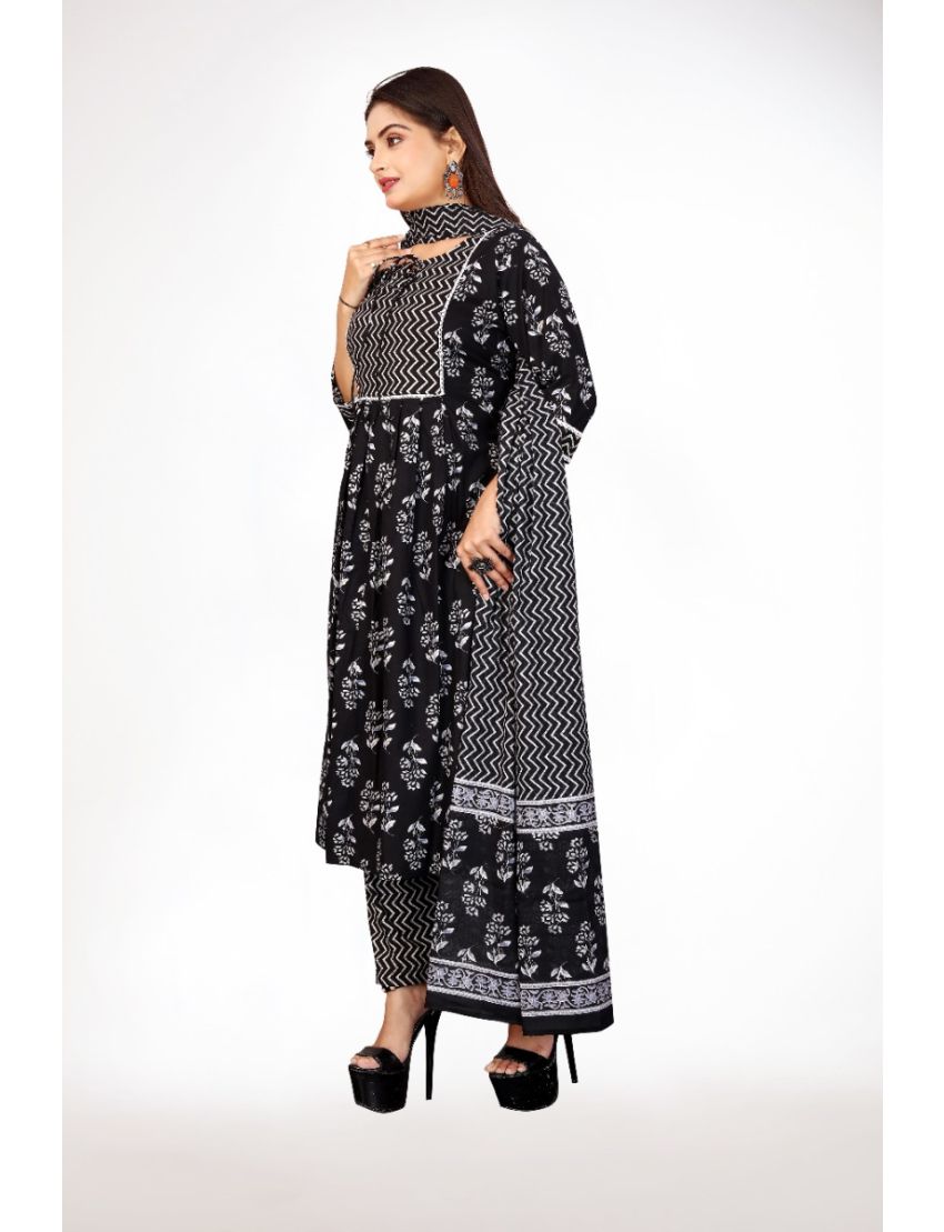 Black jaipur cotton anarkali kurti pant with dupatta floral print