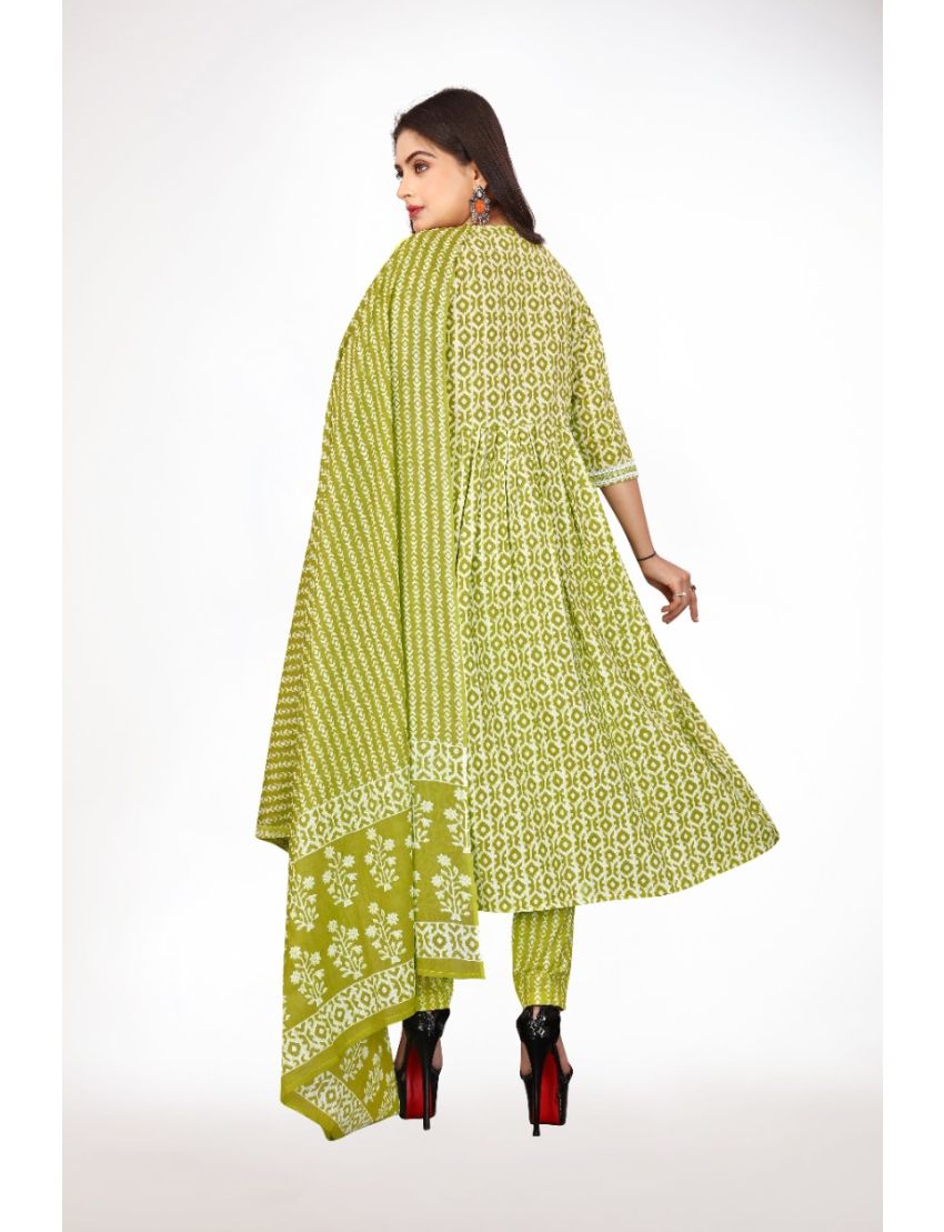 Green jaipur cotton anarkali kurti pant with dupatta