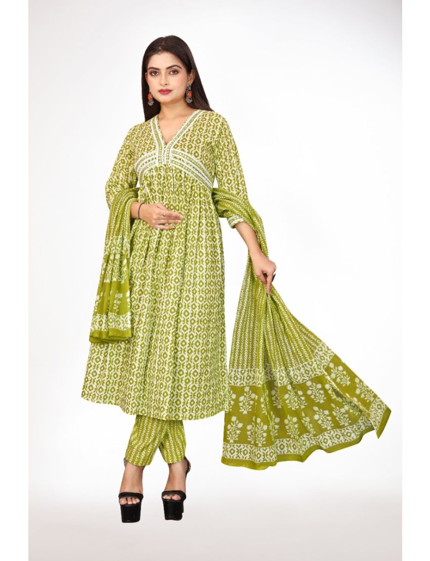 Green jaipur cotton anarkali kurti pant with dupatta