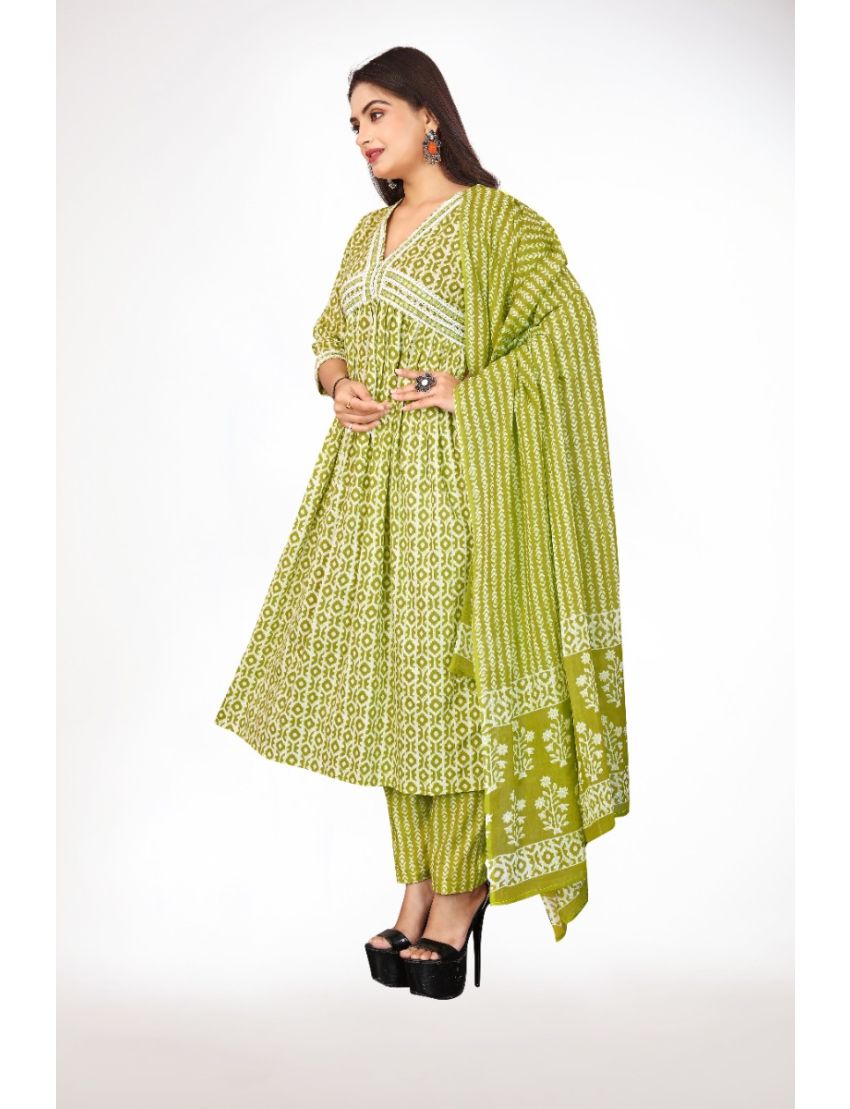 Green jaipur cotton anarkali kurti pant with dupatta