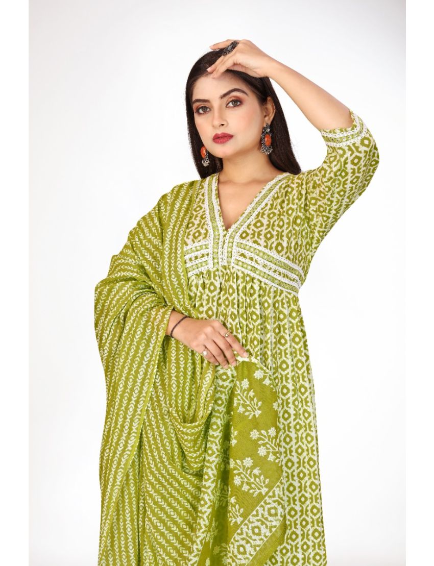 Green jaipur cotton anarkali kurti pant with dupatta