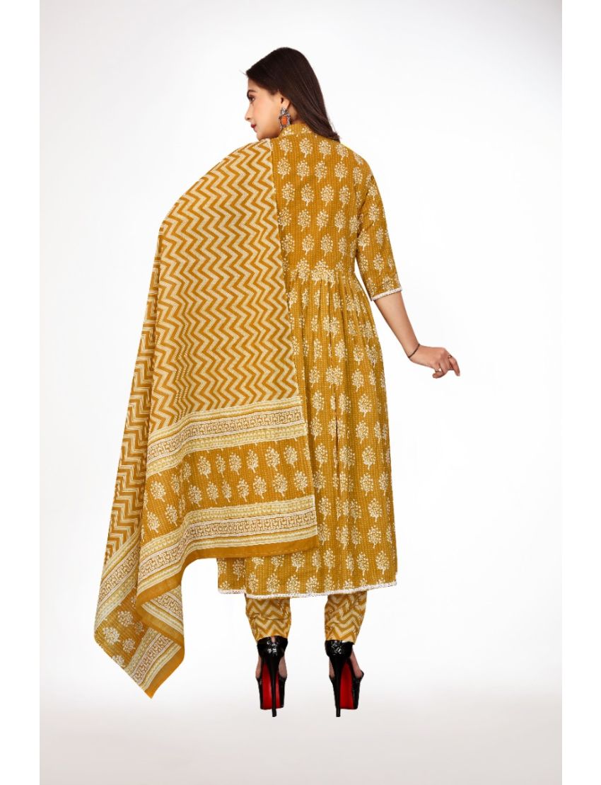 Yellow jaipur cotton anarkali kurti pant with dupatta