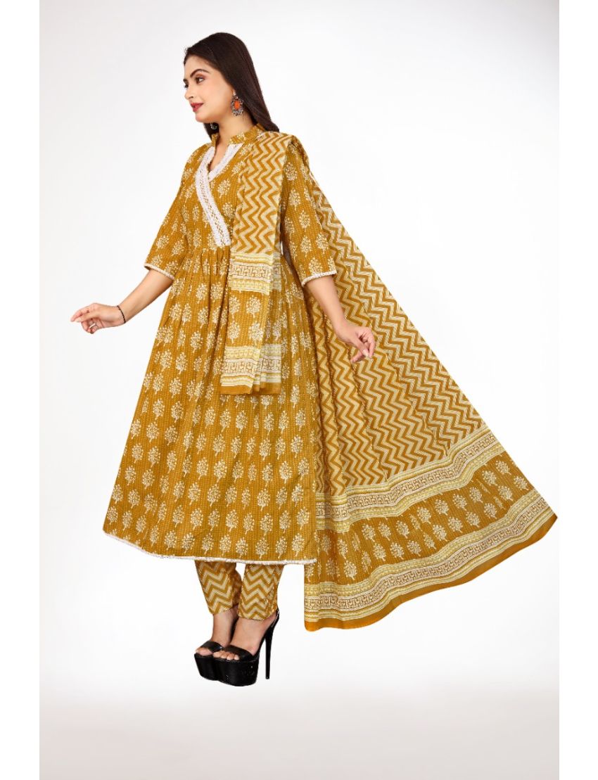Yellow jaipur cotton anarkali kurti pant with dupatta