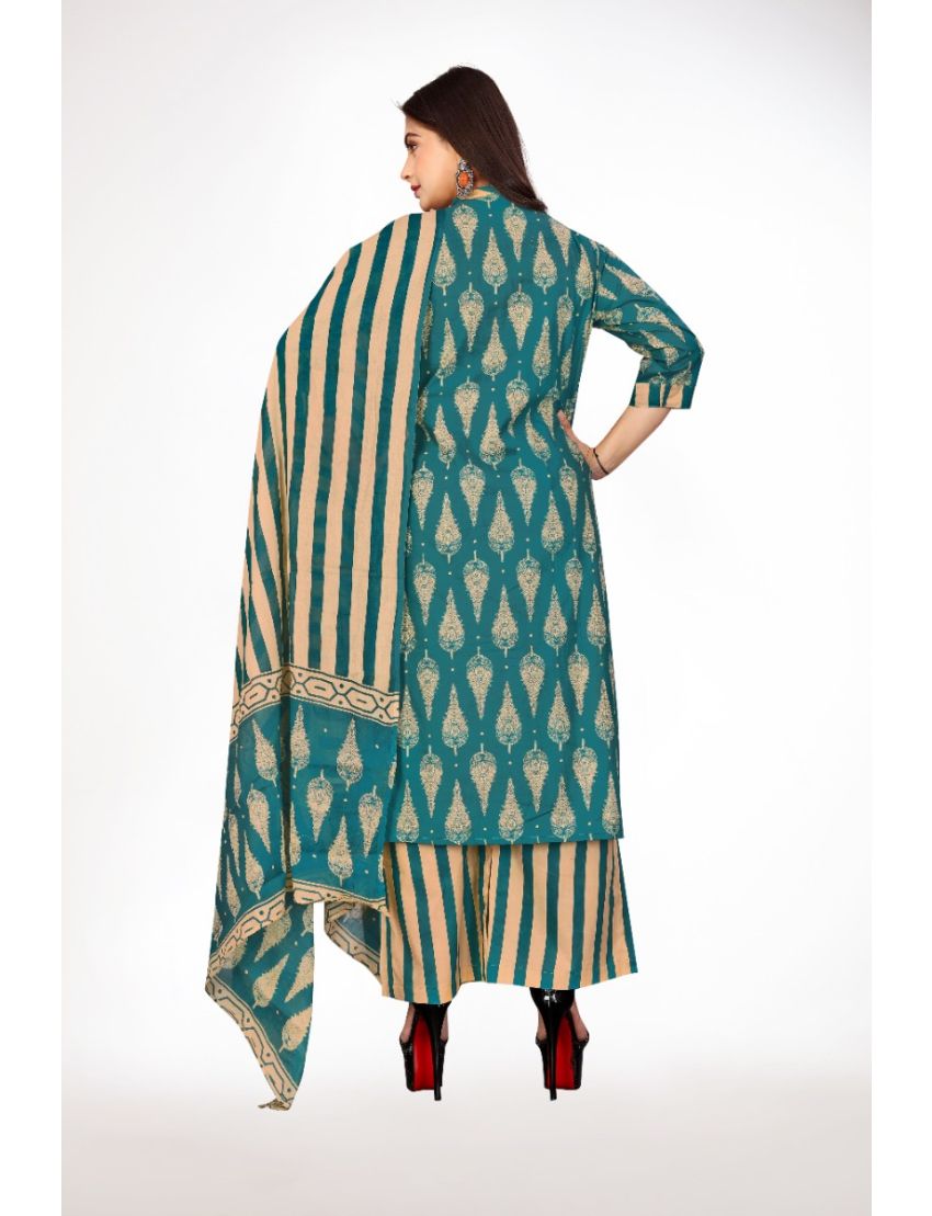 Teal jaipur cotton straight cut kurti pant with dupatta