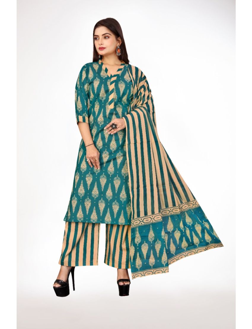 Teal jaipur cotton straight cut kurti pant with dupatta