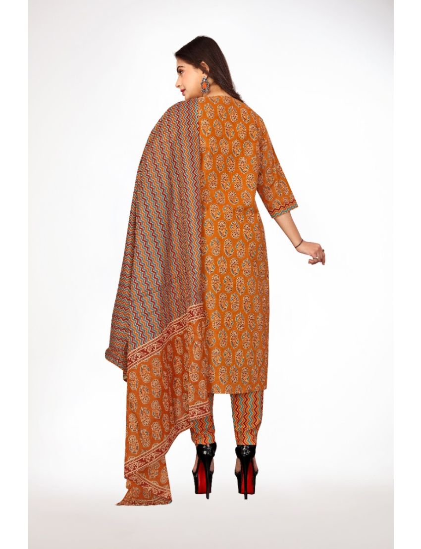 Burnt orrange jaipur cotton straight cut kurti pant with dupatta