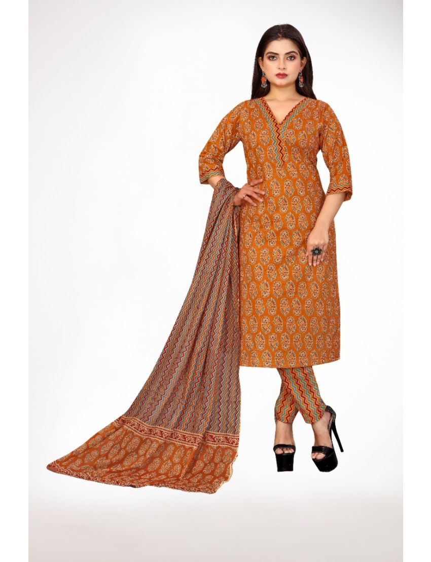Burnt orrange jaipur cotton straight cut kurti pant with dupatta