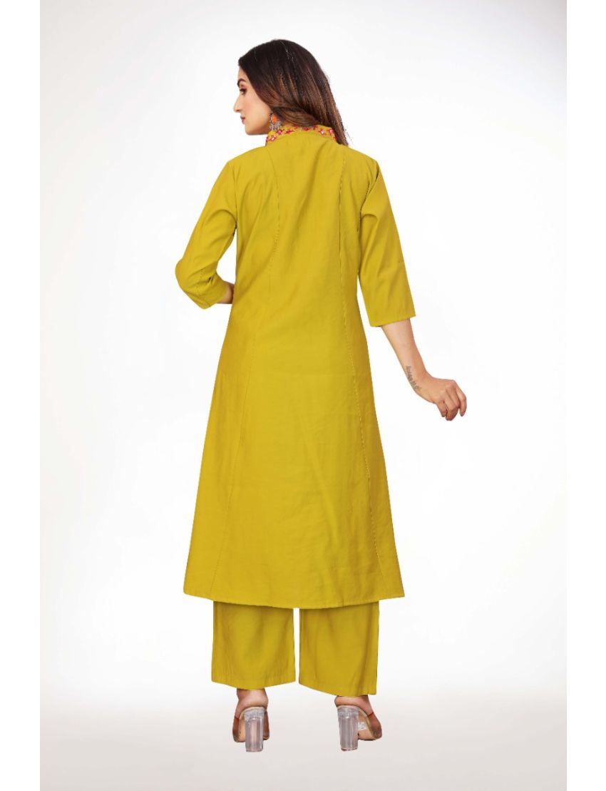 Green straight cut kurti pant with hand embroidery 