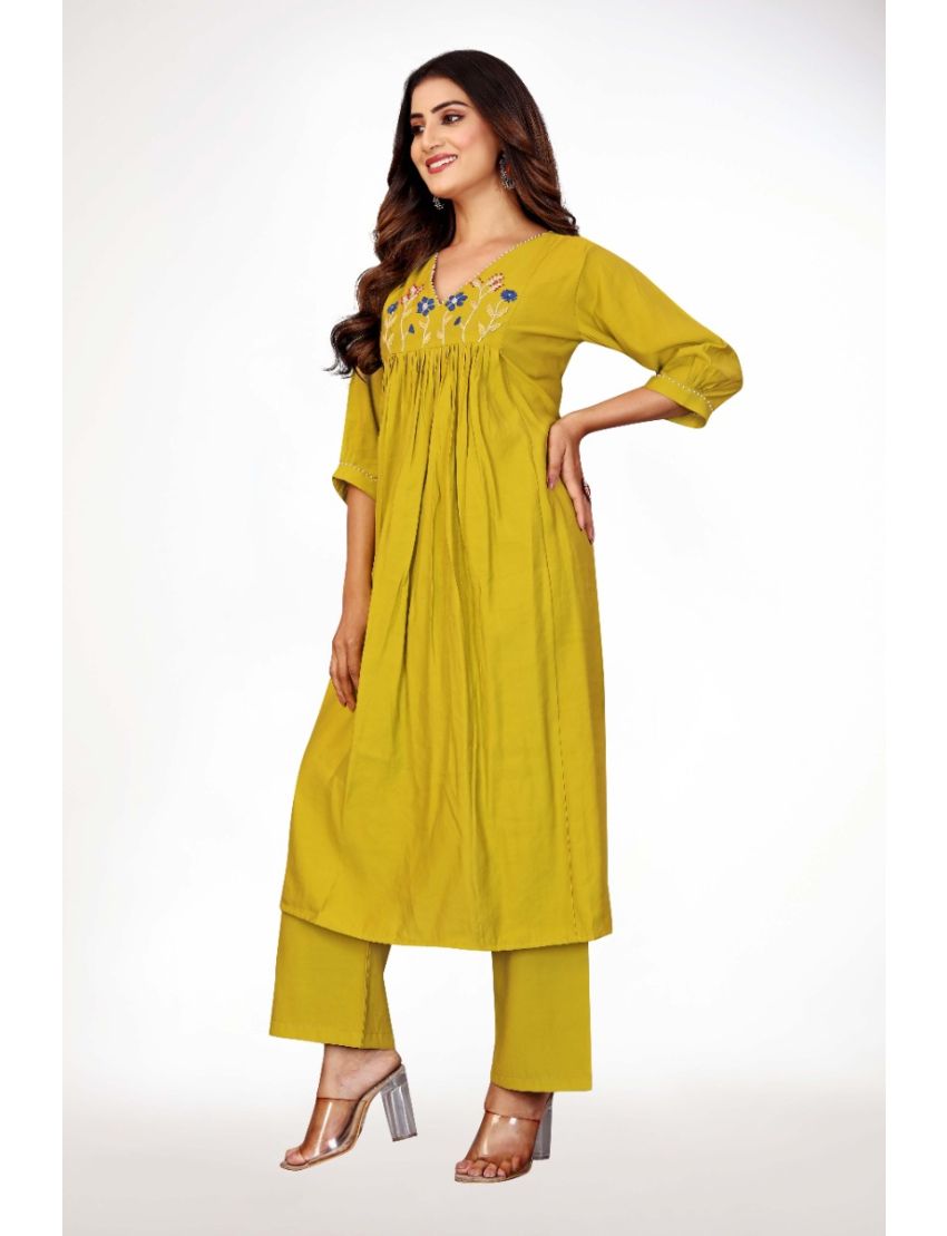 Green straight cut kurti pant with embroidery 