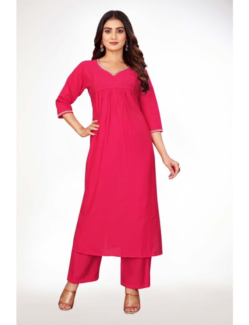 Pink straight cut kurti pant with embroidery 