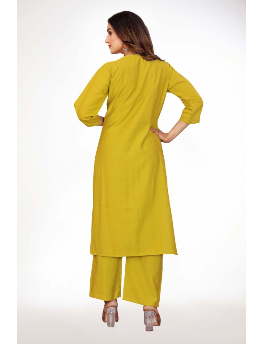 Green straight cut kurti pant with hand embroidery & pleated neck