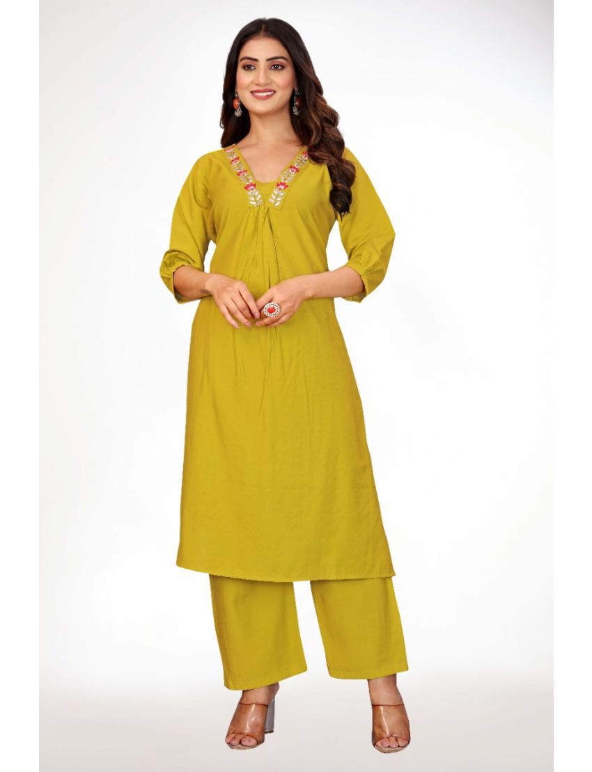 Green straight cut kurti pant with hand embroidery & pleated neck
