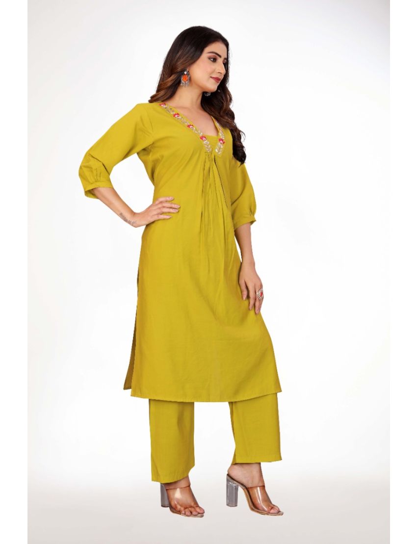 Green straight cut kurti pant with hand embroidery & pleated neck
