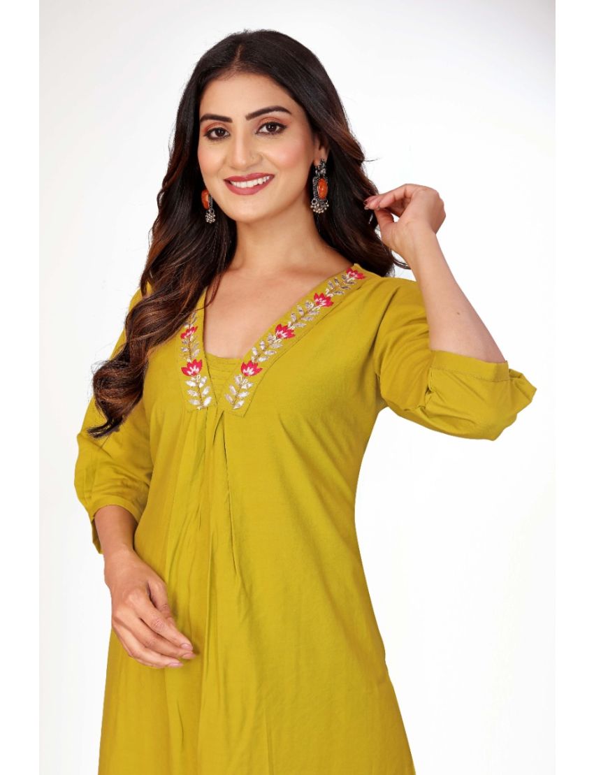 Green straight cut kurti pant with hand embroidery & pleated neck