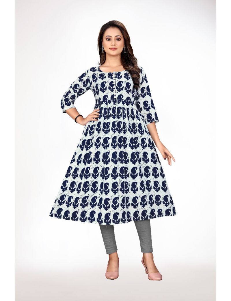 White & Blue Anarkali Round Neck Kurti