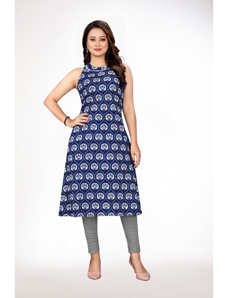 Blue Halter Neck Sleeveless Kurti