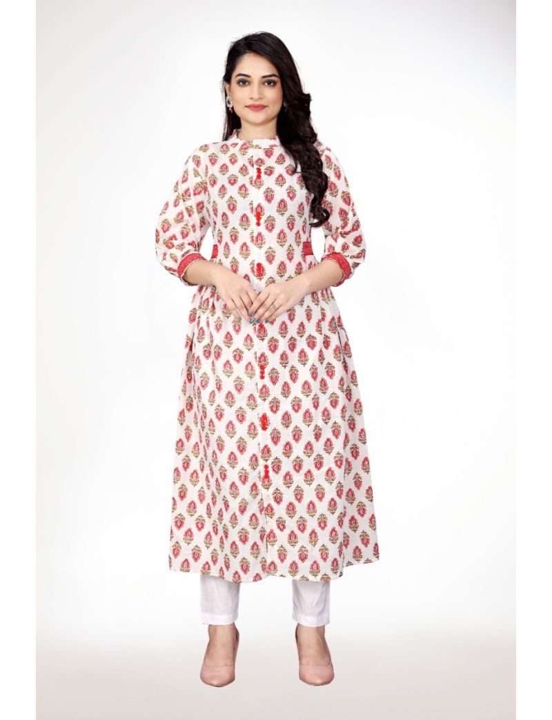 White  Anarkali With Stand Collar Kurti Pant