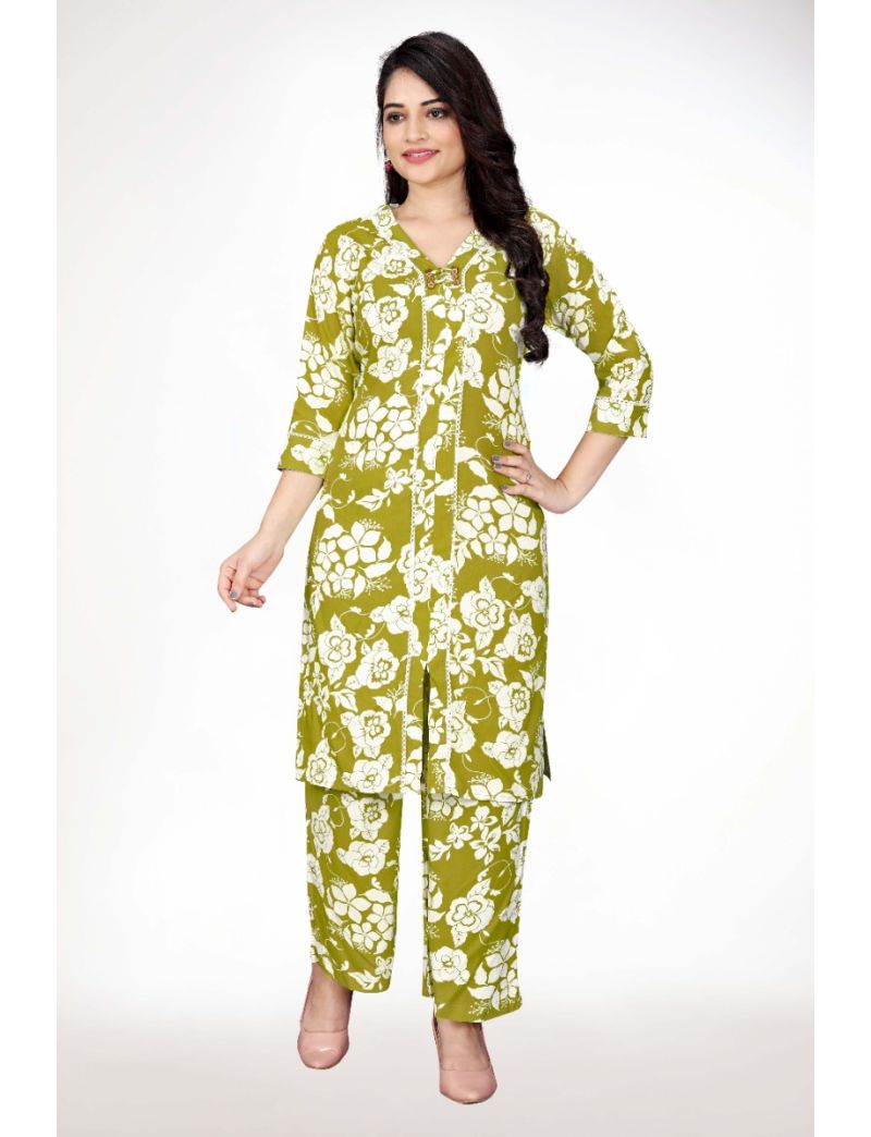 Green V-neck With Floral Print Cordset